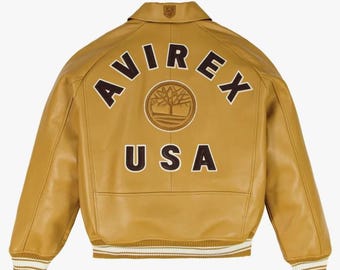 Avirex Real Bomber American Flight Jacket, TIMBERLAND X AVIREX Jacket Genuine cowhide Leather Streetwear Fashion Jacket Best Gift for Riders