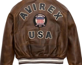 Giacca bomber in pelle marrone Avirex USA da uomo, stile vintage, giacca da pilota, giacca da aviatore in vera pelle bovina, giacca da motociclista stile college, il miglior regalo per lui