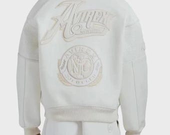 Giubbotto bomber in pelle bianca Avirex con logo ricamato Gold Club, giacca da motociclista in vera pelle di vacchetta traforata, regalo streetwear per lui/lei