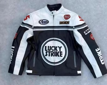 Giacca da motociclista Lucky Strike in pelle da uomo, bianca e nera, in vera pelle di vacchetta, giacca da motociclista MotoGP, giacca da corsa, il miglior regalo per lui/lei