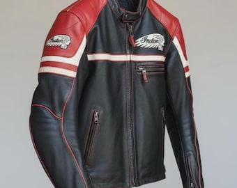 Giacca in pelle da motociclista Indian, stile biker, vera pelle bovina, giacca da motociclista retrò, il miglior regalo per i motociclisti.