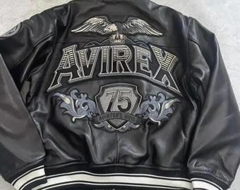 Avirex Black Aviator King 75 Leather Bomber Jacket Men Genuine Cowhide Flight Biker Jacket Real Leather Coat Streetwear Best Gift for Him