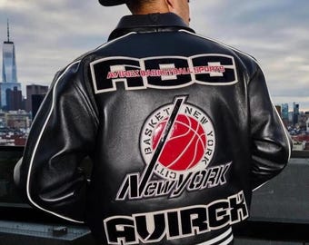 Giacca da basket in pelle Avirex New York da uomo, in vera pelle di vacchetta, stile college, nera, stile streetwear, stile streetwear, giacca Avirex, regalo