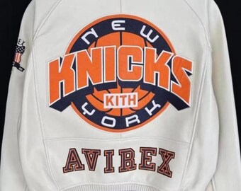 Knicks Kith x Avirex Leather Bomber Jacket Genuine Cowhide Leather Biker Jacket Premium Quality Varsity Style Handmade Leather Avirex Jacket