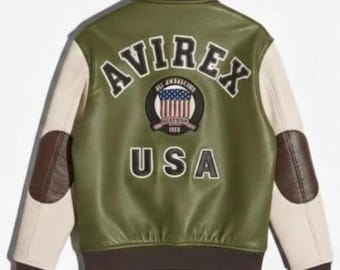 Giacca da uomo Avirex in vera pelle di vacchetta, fatta a mano, modello bomber Avirex in vera pelle, verde oliva con maniche bianche, regalo per lui.
