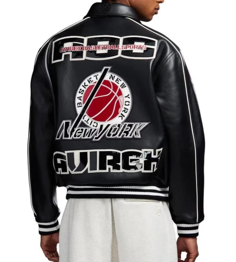 Avirex - Blouson aviateur en cuir de sport pour le basket-ball motard en cuir de vachette véritable noir NYC New York universitaire Y2K manteau en cuir streetwear rétro image 4