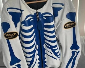 Giacca in pelle Vanson Skeleton da uomo, vera pelle bovina, giacca da motociclista, stile cafe racer, streetwear, abbigliamento da moto, il miglior regalo per i motociclisti.