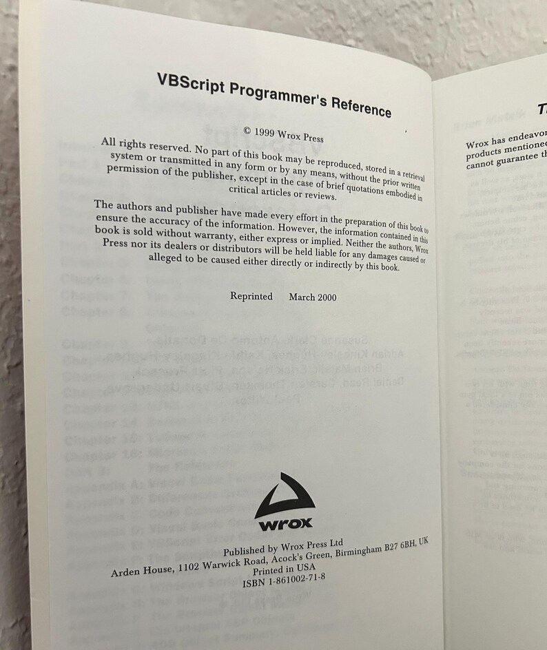 May include: The copyright page of the VBScript Programmer's Reference book, published by Wrox Press in 1999 and reprinted in March 2000. It includes legal disclaimers, the Wrox logo, the publisher's address in Birmingham, UK, and ISBN 1-861002-71-8.