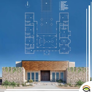 Könnte beinhalten: Architektonische Darstellung eines modernen Hauses mit einer Blaupausenüberlagerung. Das Haus verfügt über eine Holzfassade, große Fenster und Steinakzente. Der Bauplan zeigt die Aufteilung, einschließlich Haupteingang, Wohnraum, Küche und Schlafzimmer.