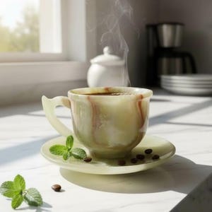 Pode incluir: Uma chávena de café fumegante numa chávena e pires marmoreados em verde claro e castanho. Folhas de hortelã fresca e grãos de café estão no pires e na bancada. Uma açucareiro branco e uma cafeteira estão no fundo.