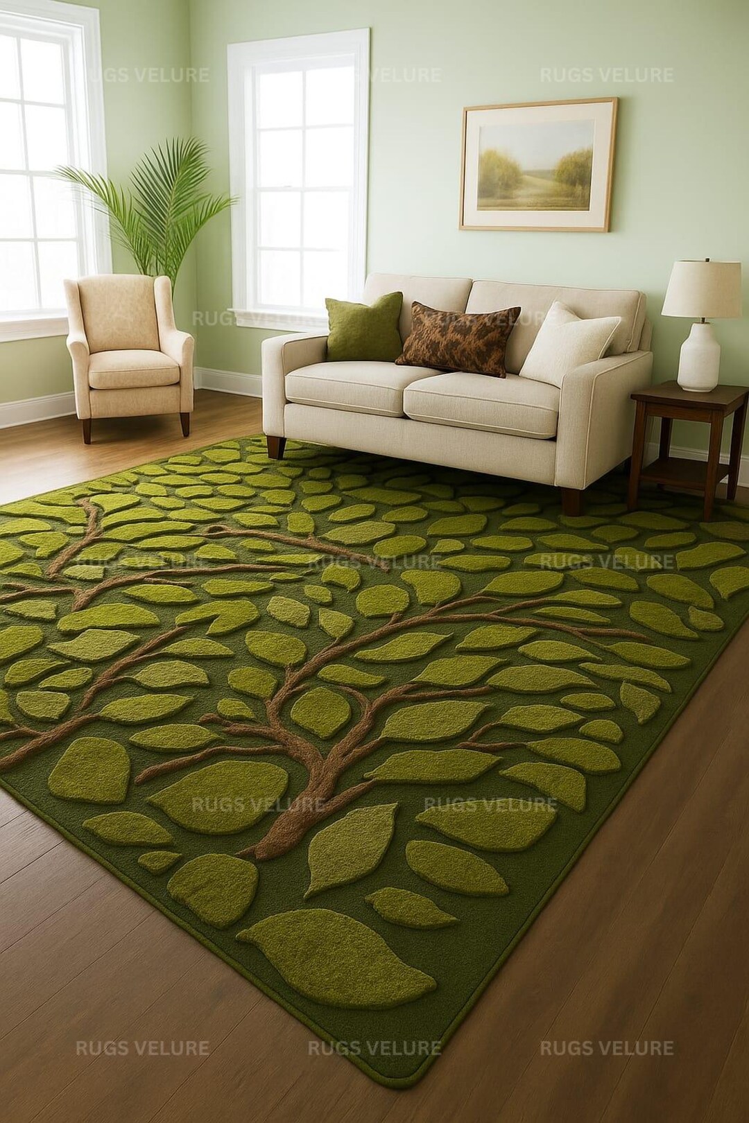 Tree Rug Modern Nature Inspired Leaf Pattern Green Rug | 3D Tree Design Carpet | Soft ...