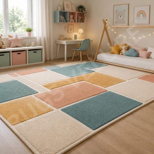 May include: A colorful geometric rug in a child's room. The rug features squares of cream, teal, peach, and yellow. The room also includes a teepee-style bed, a desk, and a window with natural light.