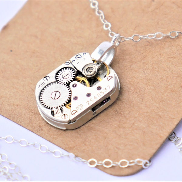 steampunk watch necklace - small vintage watch mechanism on solid sterling silver chain