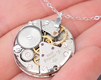 Steampunk horloge halsketting - grote vintage horloge mechanisme op solide sterling zilver