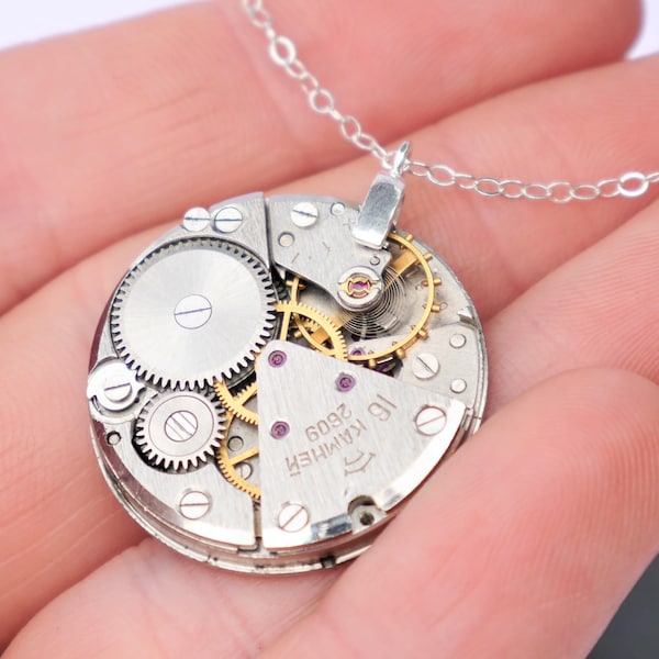 steampunk watch necklace - large vintage watch mechanism on solid sterling silver chain
