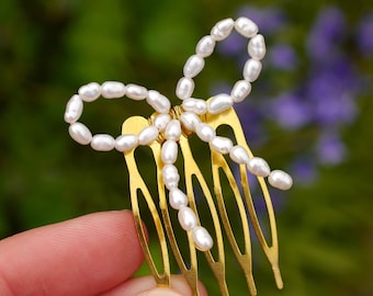 ivory pearl bow gold comb freshwater pearls on a gold hair comb slide clip for cute vintage style