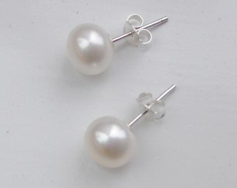 ivory pearl earrings - 9mm ivory white freshwater pearl sterling silver stud post earrings