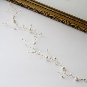 pearl hair vine gold leaves and ivory freshwater pearls bridal wedding Grecian hair garland image 3