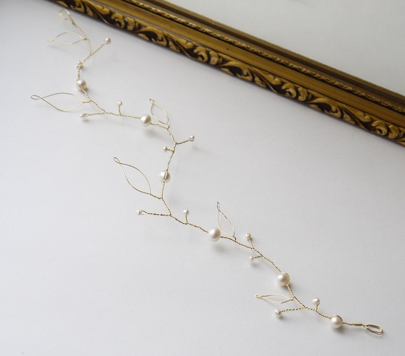 pearl hair vine gold leaves and ivory freshwater pearls bridal wedding Grecian hair garland image 3