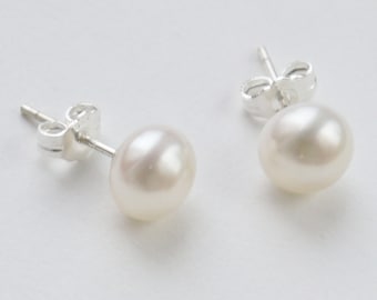 ivory white pearl 8mm freshwater pearl sterling silver stud earrings post earrings