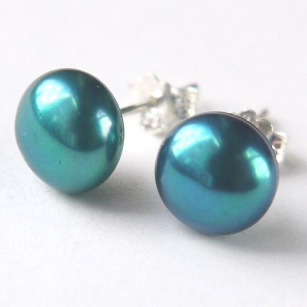 teal pearl earrings 8mm-9mm freshwater pearl sterling silver stud post earrings