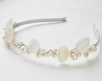 freshwater pearl and shell tiara- white sea shell, beach summer theme