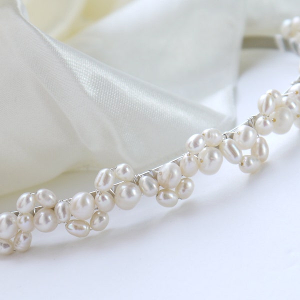 freshwater pearl headband ivory rice and round pearl silver tiara alice band headband lace design for bride, wedding