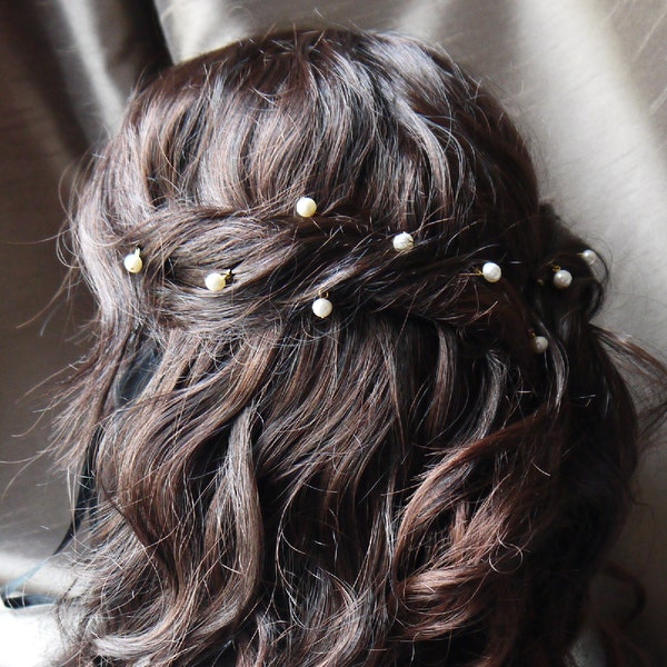 12 pinces à cheveux perle ronde ivoire d'eau douce / épingles pour mariage ou bal, or