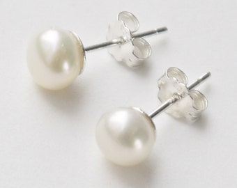 7mm ivory pearl stud earrings - freshwater ivory white pearl on sterling silver