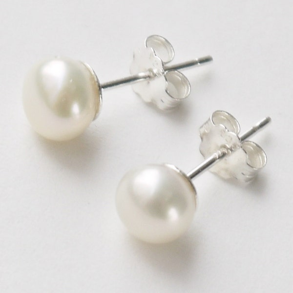 7mm ivory pearl stud earrings - freshwater ivory white pearl on sterling silver