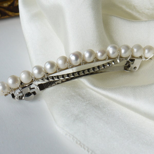 pearl hair barrette - freshwater ivory white round pearl hair barrette clip slide pin for wedding or prom silver