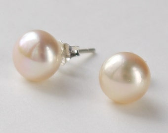 peach freshwater pearl sterling silver 8mm stud earrings with sterling silver butterfly backs