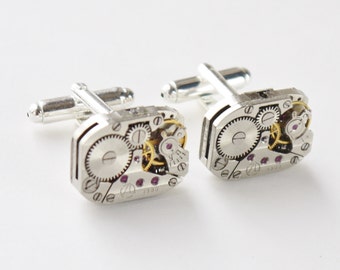 steampunk watch cuff links - oblong vintage watch mechanisms on silver bases