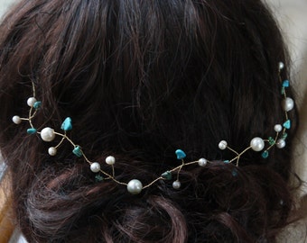 freshwater pearl & Turquoise gold hair vine - Grecian hair garland