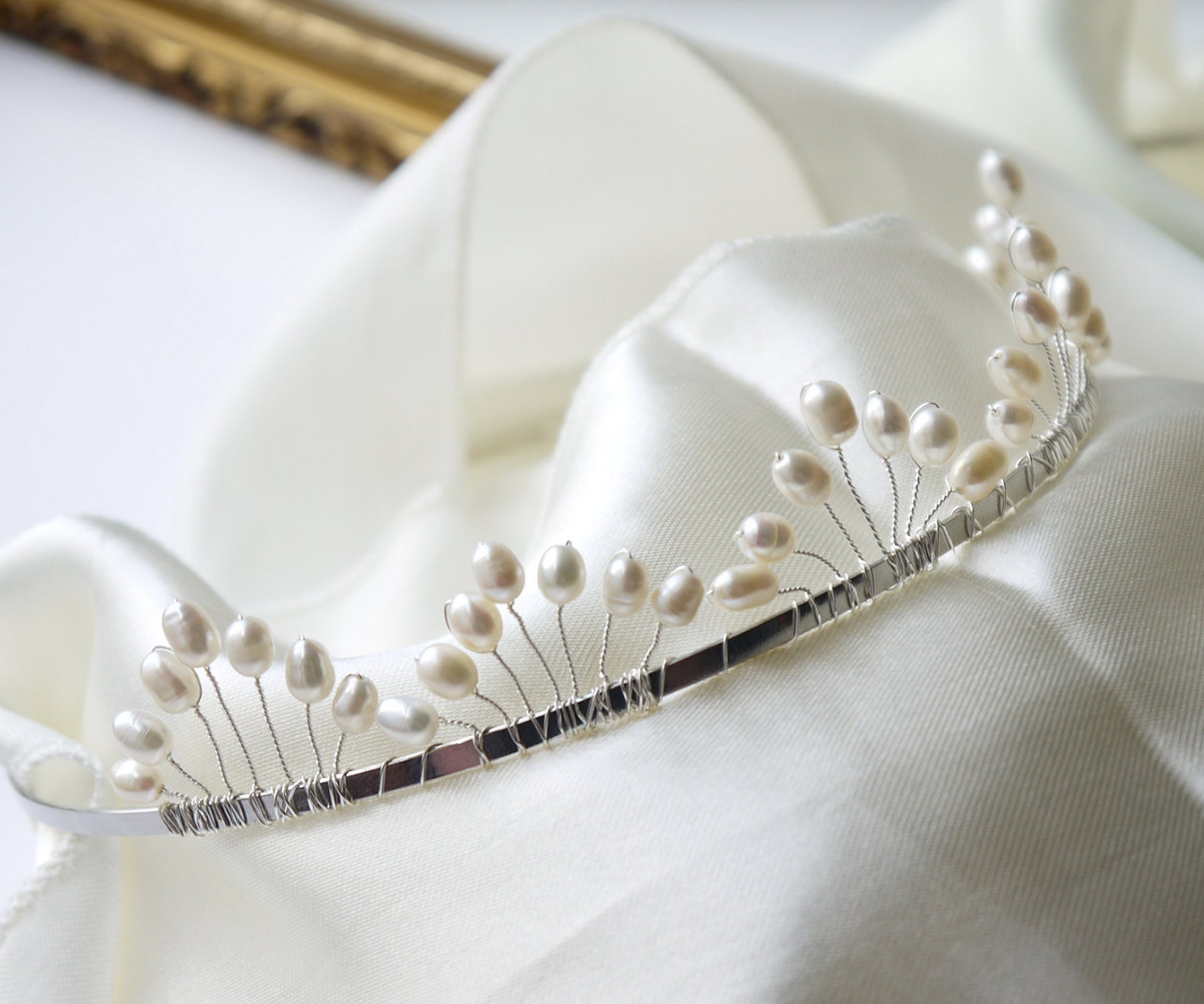 Pearl Wedding Tiara Freshwater Ivory Rice Pearl Silver Tiara Etsy