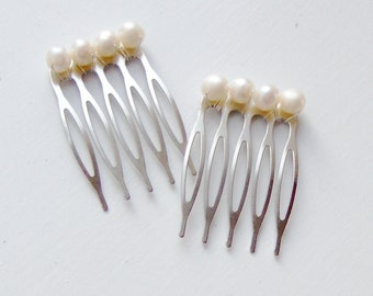 2 small pearl combs - ivory white freshwater pearls on a silver hair comb pair