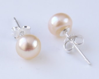 peach pearl studs - 6mm peach freshwater pearl sterling silver stud earrings