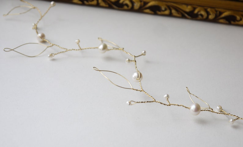pearl hair vine gold leaves and ivory freshwater pearls bridal wedding Grecian hair garland image 2