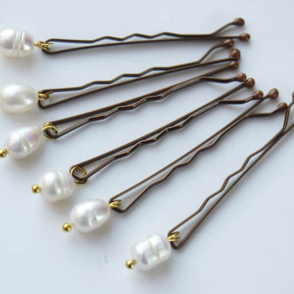 12 rice pearl pins, gold pins with large ivory freshwater rice pearl hair grips for wedding or prom