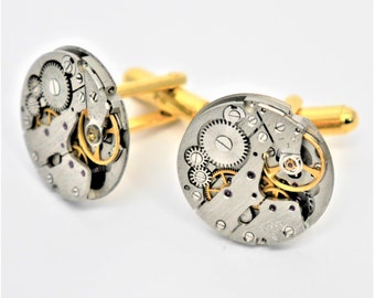 round watch cufflinks - steampunk style vintage watch mechanisms on gold bases