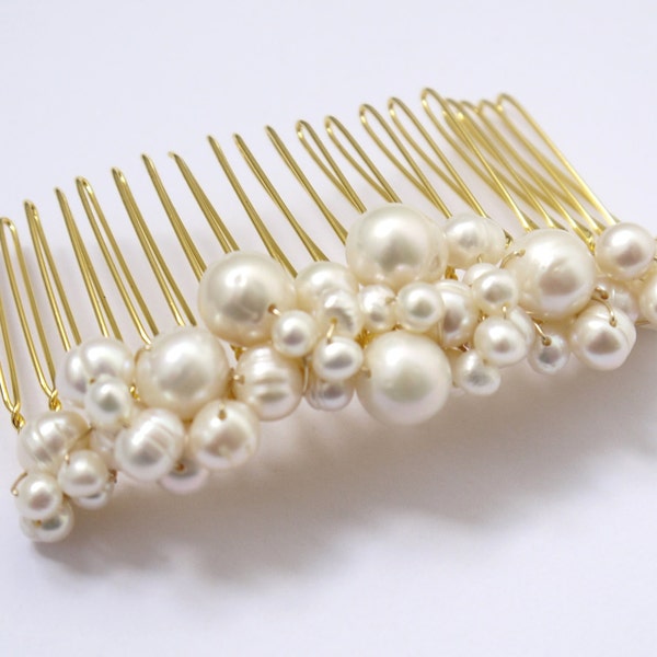 tumbling freshwater ivory pearl gold or silver hair comb pin for wedding or prom