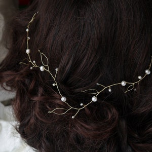 pearl hair vine gold leaves and ivory freshwater pearls bridal wedding Grecian hair garland image 5