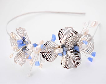silver flowers pearl tiara- freshwater pearl, filigree flowers and blue gemstones headband