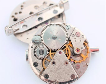 steampunk watch brooch- large vintage watch mechanism on silver metal pin