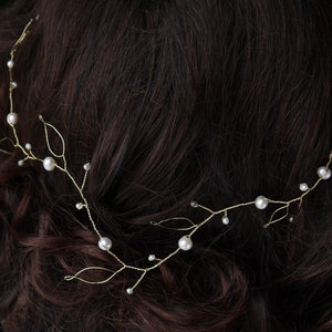 pearl hair vine gold leaves and ivory freshwater pearls bridal wedding Grecian hair garland image 1