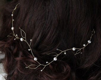 pearl hair vine - gold leaves and ivory freshwater pearls Grecian hair garland