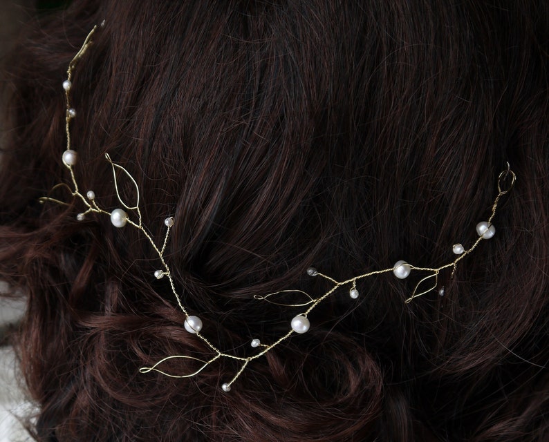 vigne de cheveux perle feuilles d'or et guirlande de perles d'eau douce Ivoire mariage cheveux Grecian image 1