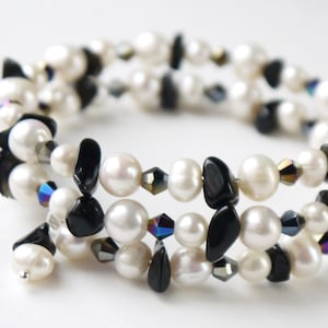 pearl crystal and onyx bangle bracelet - white freshwater pearl black AB crystal & black onyx gemstone chips cuff coil