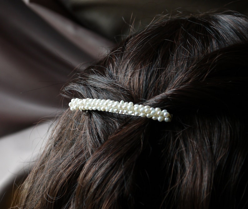 freshwater ivory white tiny nugget pearl hair barrette clip slide pin for wedding or prom silver image 1