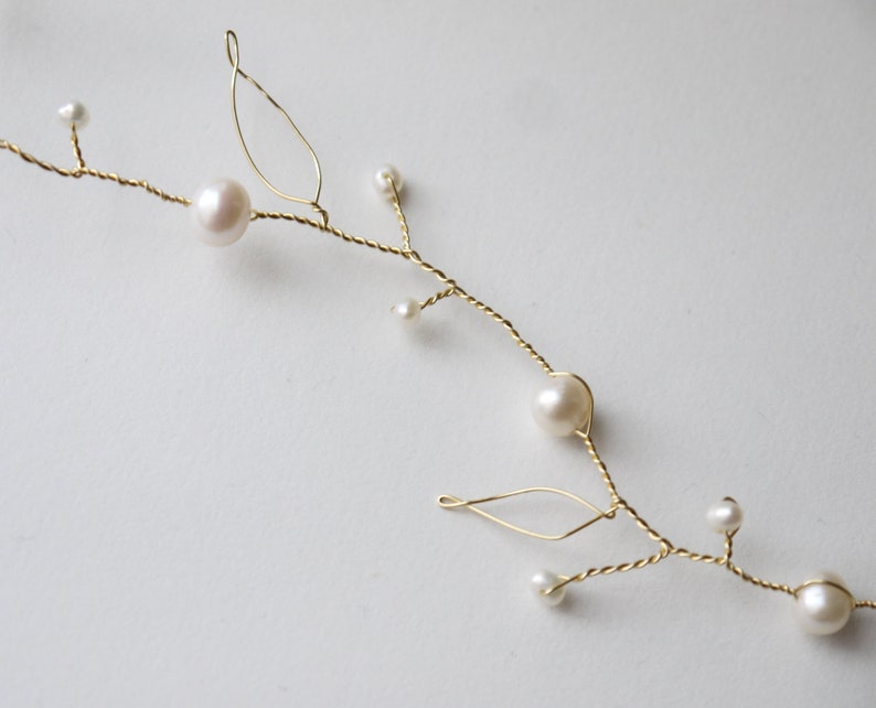 pearl hair vine gold leaves and ivory freshwater pearls bridal wedding Grecian hair garland image 4